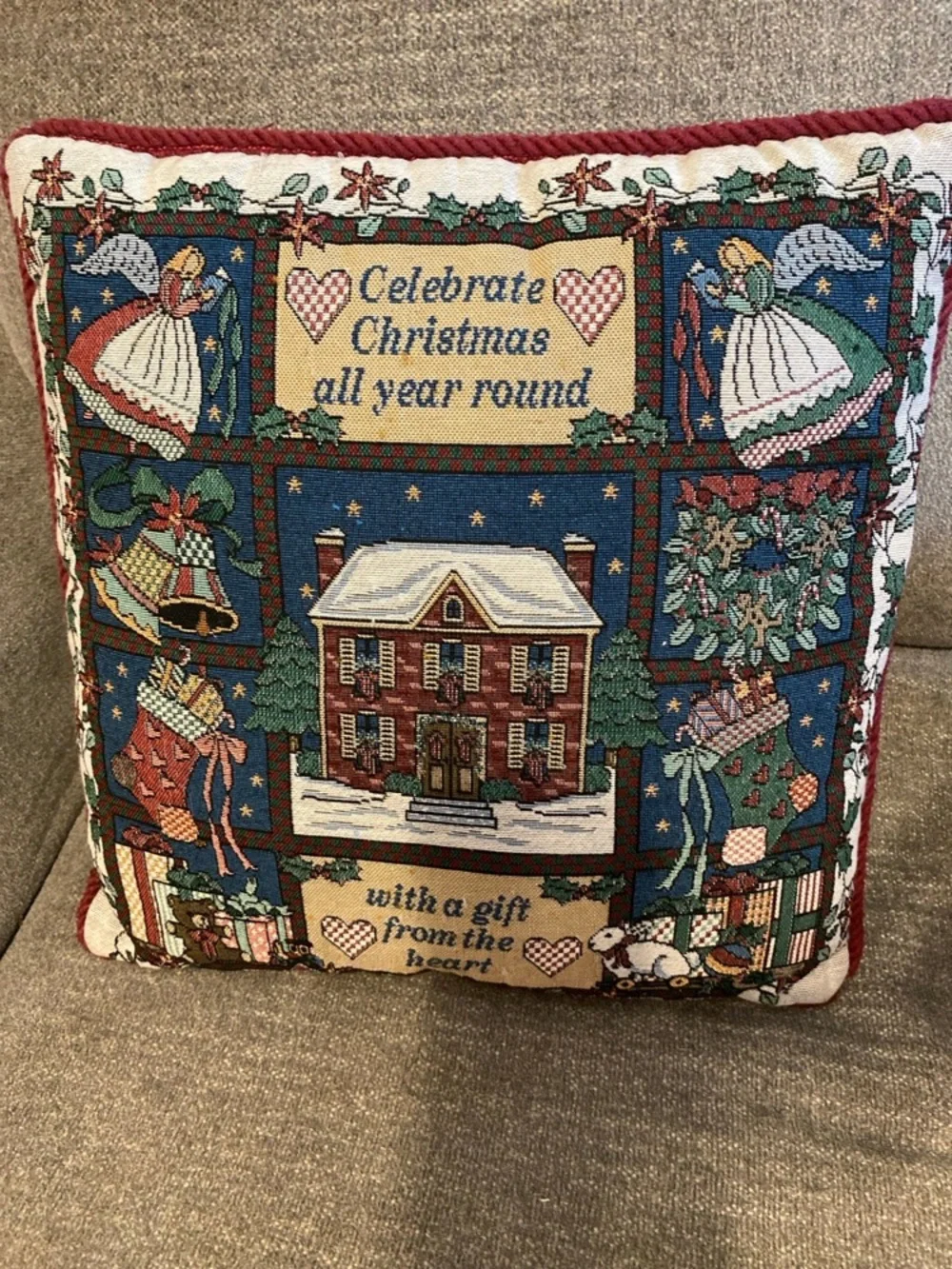 Vintage Tapestry Christmas Pillow - “Celebrate Christmas all year round…